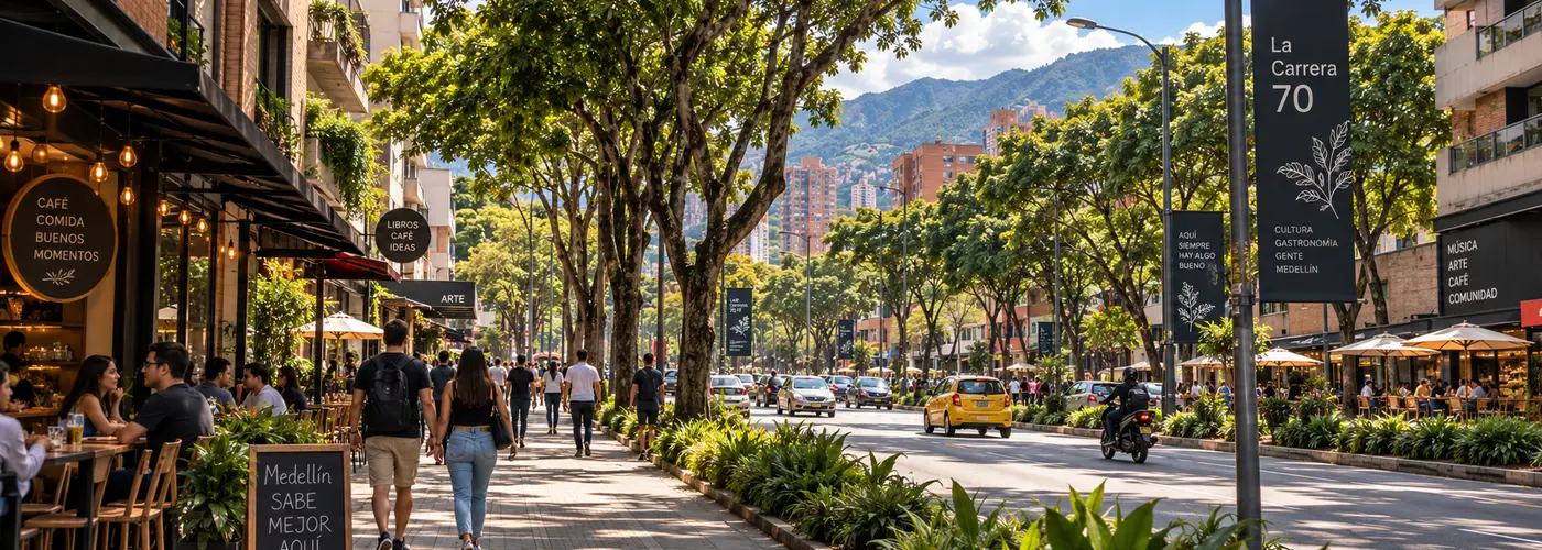 La Carrera 70 en Medellín, calle arbolada con restaurantes y comercios