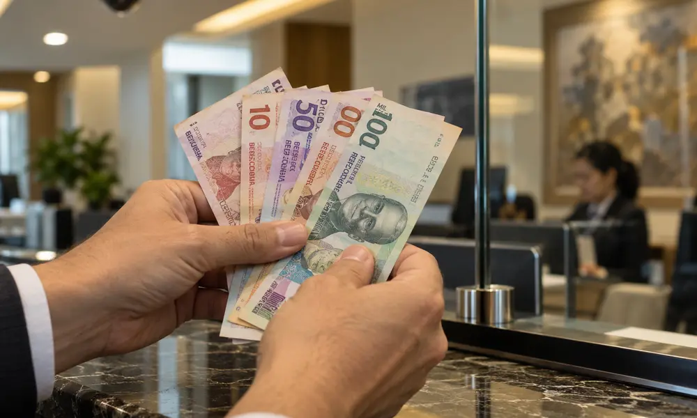Manos contando billetes colombianos con cámara de seguridad visible
